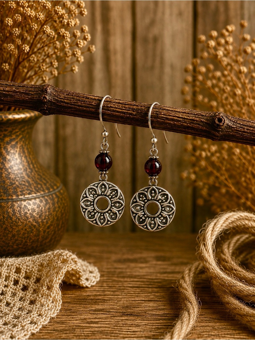 926 Silver- mandala Drop Earrings with Garnet gemstone Bead - Women Jewelry